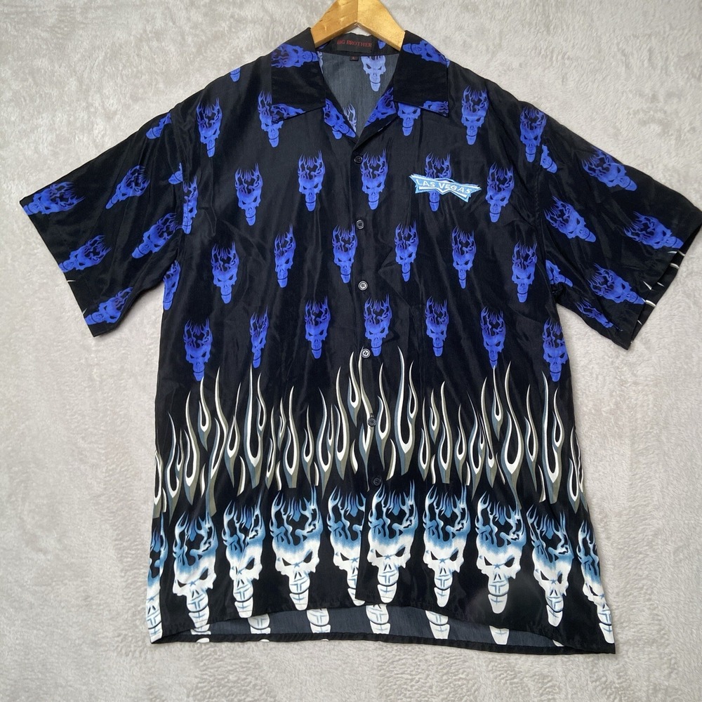 Big Brother Las Vegas Skull Flame Button Up Shirt Mens Large Vintage‎ Preowned